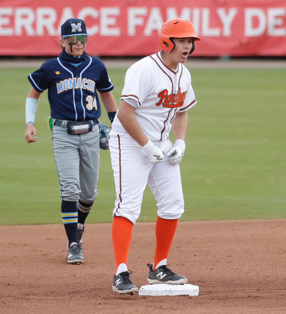 Porterville's Louie Torres celebrates a drive against Monache during the 40th annual Tulare/Visalia Pro-PT lower-division Baseball Invitational championship game at RawhideÕs Valley Strong Ballpark in Visalia, Calif., Wednesday, March 27, 2024.