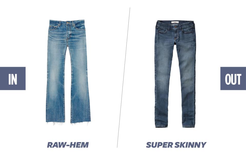 Asymmetrical-hem jeans are in, super-skinny jeans are out