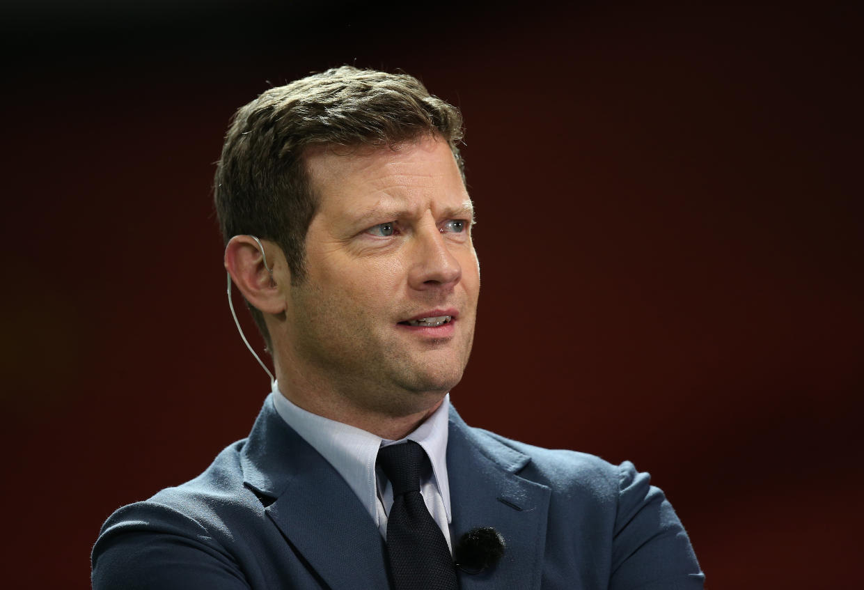MANCHESTER, ENGLAND - SEPTEMBER 06: TV presenter Dermot O'Leary watches during the Soccer Aid for Unicef 2020 match between England and Rest of the World at Old Trafford on September 06, 2020 in Manchester, England. (Photo by John Peters/Manchester United via Getty Images)