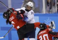 Ice Hockey – Pyeongchang 2018 Winter Olympics – Women Preliminary Round Match - U.S. v Canada - Kwandong Hockey Centre, Gangneung, South Korea – February 15, 2018 - Jocelyne Larocque (L) of Canada in action with Brianna Decker of the U.S. REUTERS/David W Cerny