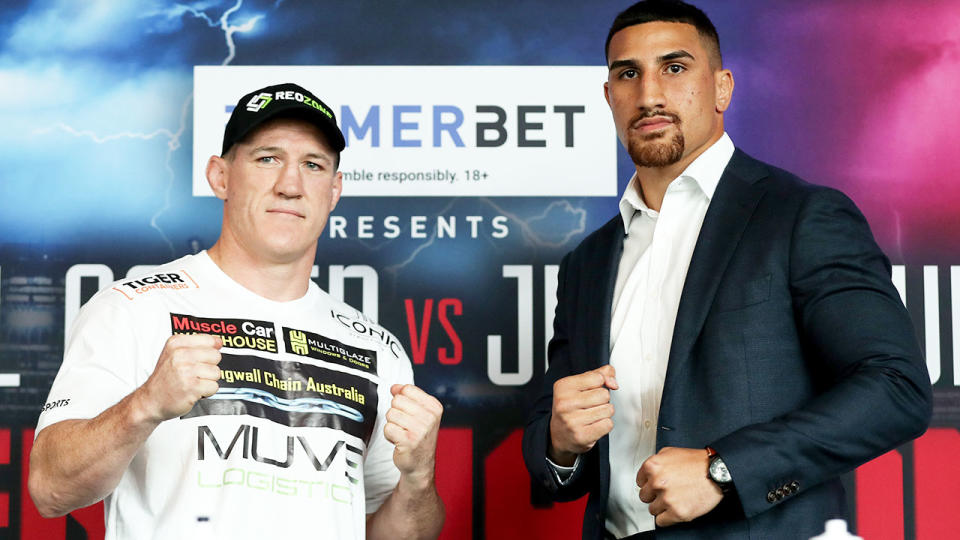 Pictured here, Paul Gallen and Justis Huni pose for photos before their boxing bout.