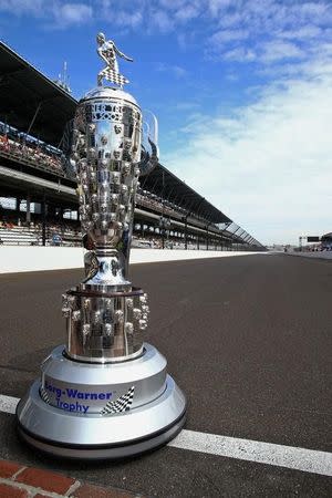 May 27, 2016; Indianapolis, IN, USA; Detailed view of the Borg Warner Trophy on the start finish line prior to IndyCar Series Carb Day for the Indianapolis 500 at Indianapolis Motor Speedway. Mandatory Credit: Mark J. Rebilas-USA TODAY Sports