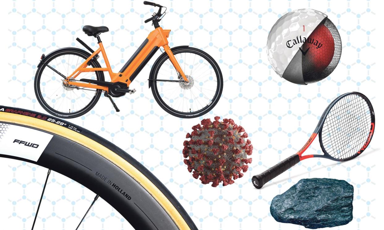 <span>E-bikes, golf balls, tennis rackets, virus detection and bicycle tyres are among technologies to have benefited from graphene.</span><span>Composite: Alamy; Getty</span>