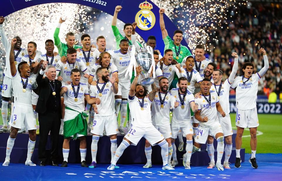 Real Madrid’s Marcelo lifts the trophy after the 1-0 victory (Adam Davy/PA) (PA Wire)