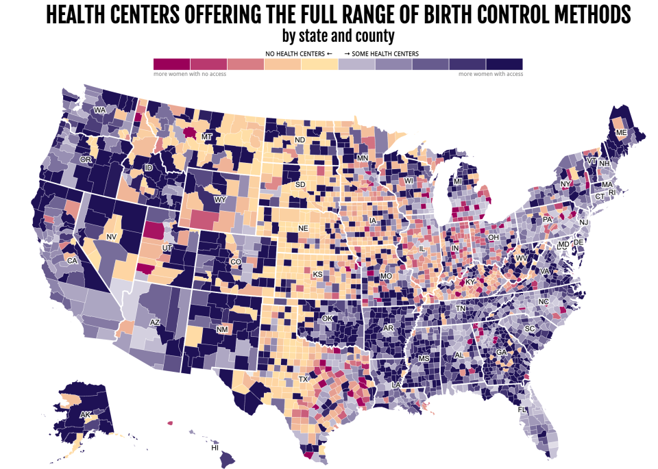 A map indicating the disparities in birth control access across the U.S. (Map: Power to Decide)