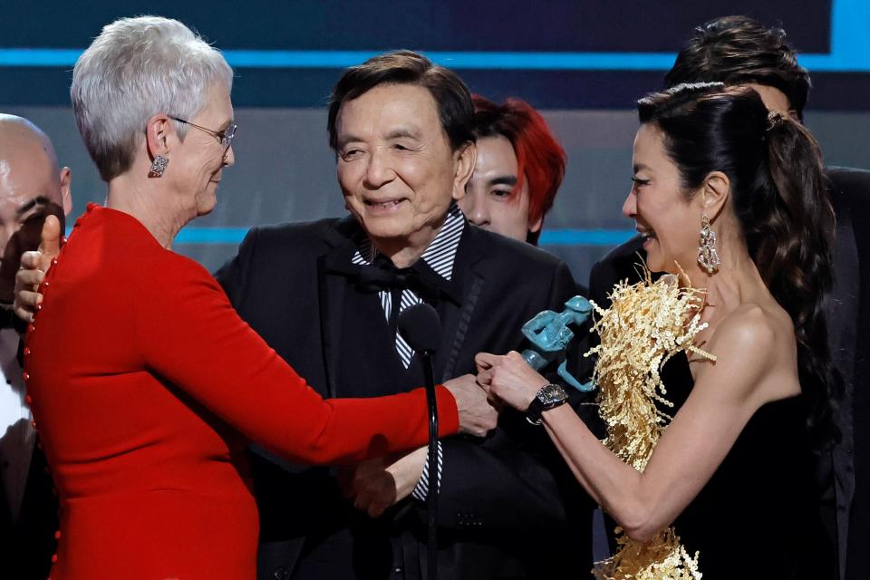 Jamie Lee Curtis, James Hong, Andy Le, and Michelle Yeoh accept the Outstanding Performance by a Cast in a Motion Picture award for "Everything Everywhere All at Once" onstage during the 29th Annual Screen Actors Guild Awards at Fairmont Century Plaza on February 26, 2023 in Los Angeles, California.