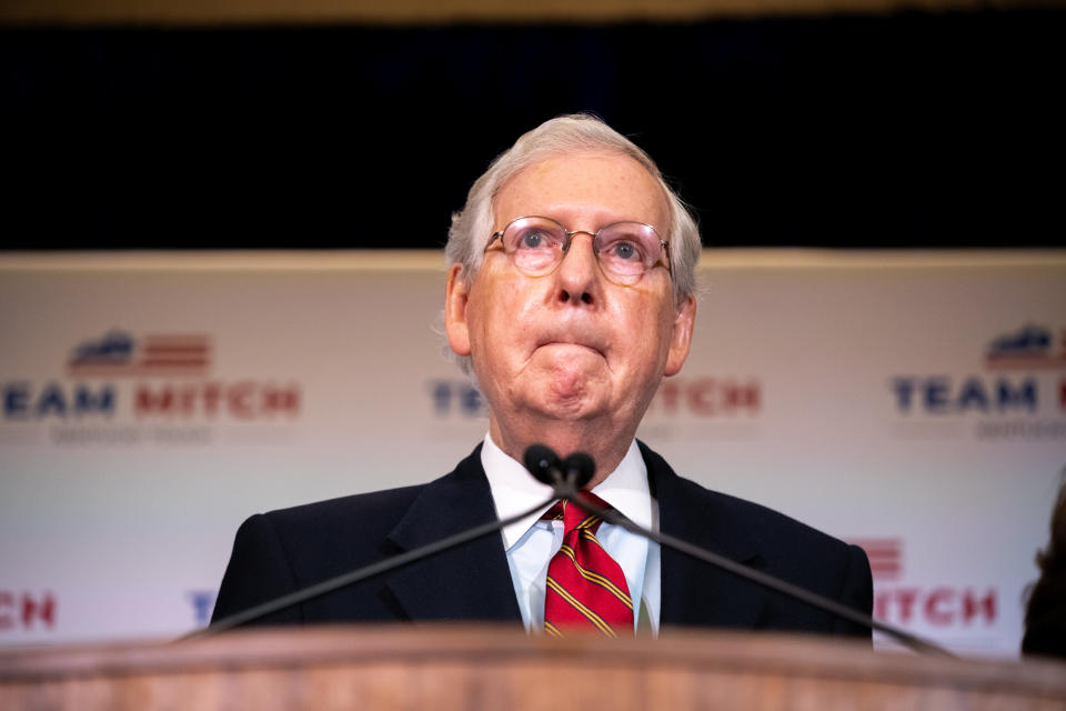 Senate Majority Leader Mitch McConnell (R-Ky.) giving remarks about the election in Louisville, Kentucky, on Wednesday. He said he was "not troubled at all by the president suggesting" he had won the election, even though many key battleground states were still close to call.  (Photo: Jon Cherry via Getty Images)