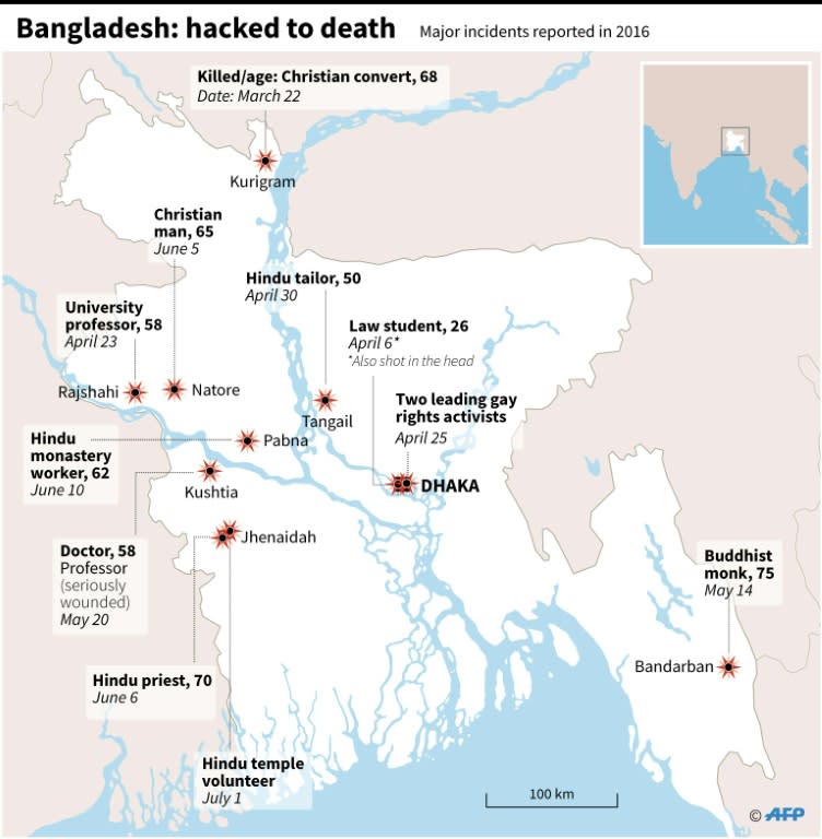 Map of Bangladesh locating deadly hacking incidents in 2016