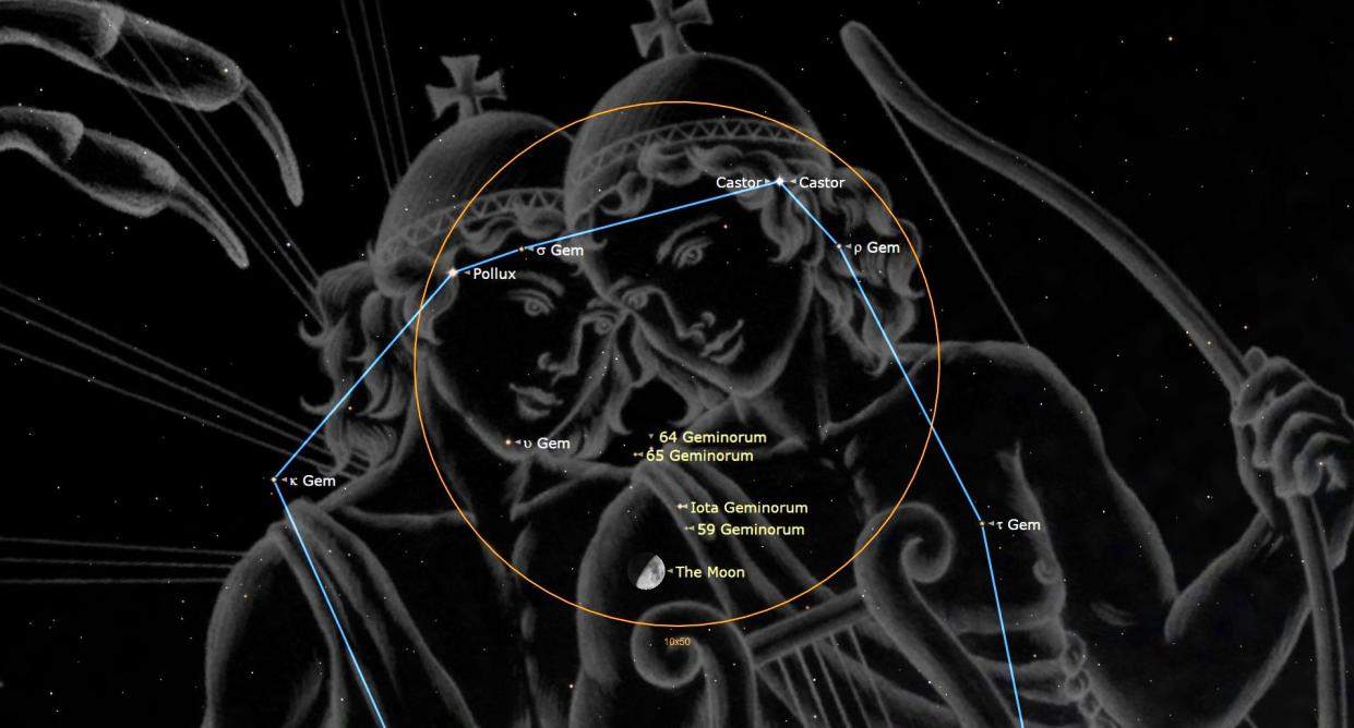  An illustration of the night sky on March 29 showing the moon next to the twins of the Gemini constellation, Castor and Pollux. 