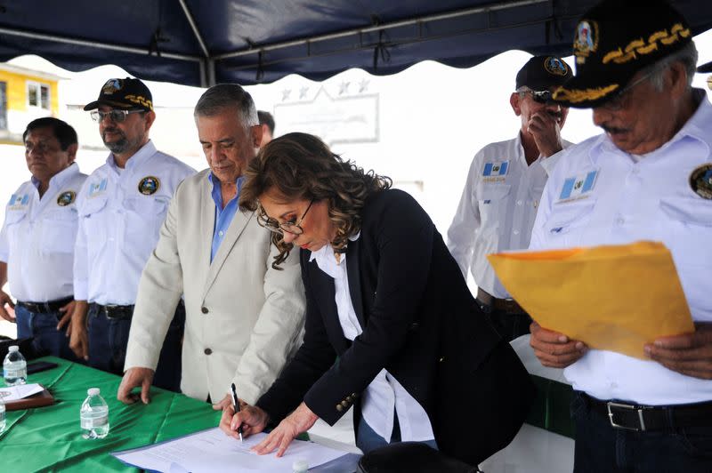 Presidential candidate Sandra Torres attends a meeting with Guatemalan veterans in Guatemala City