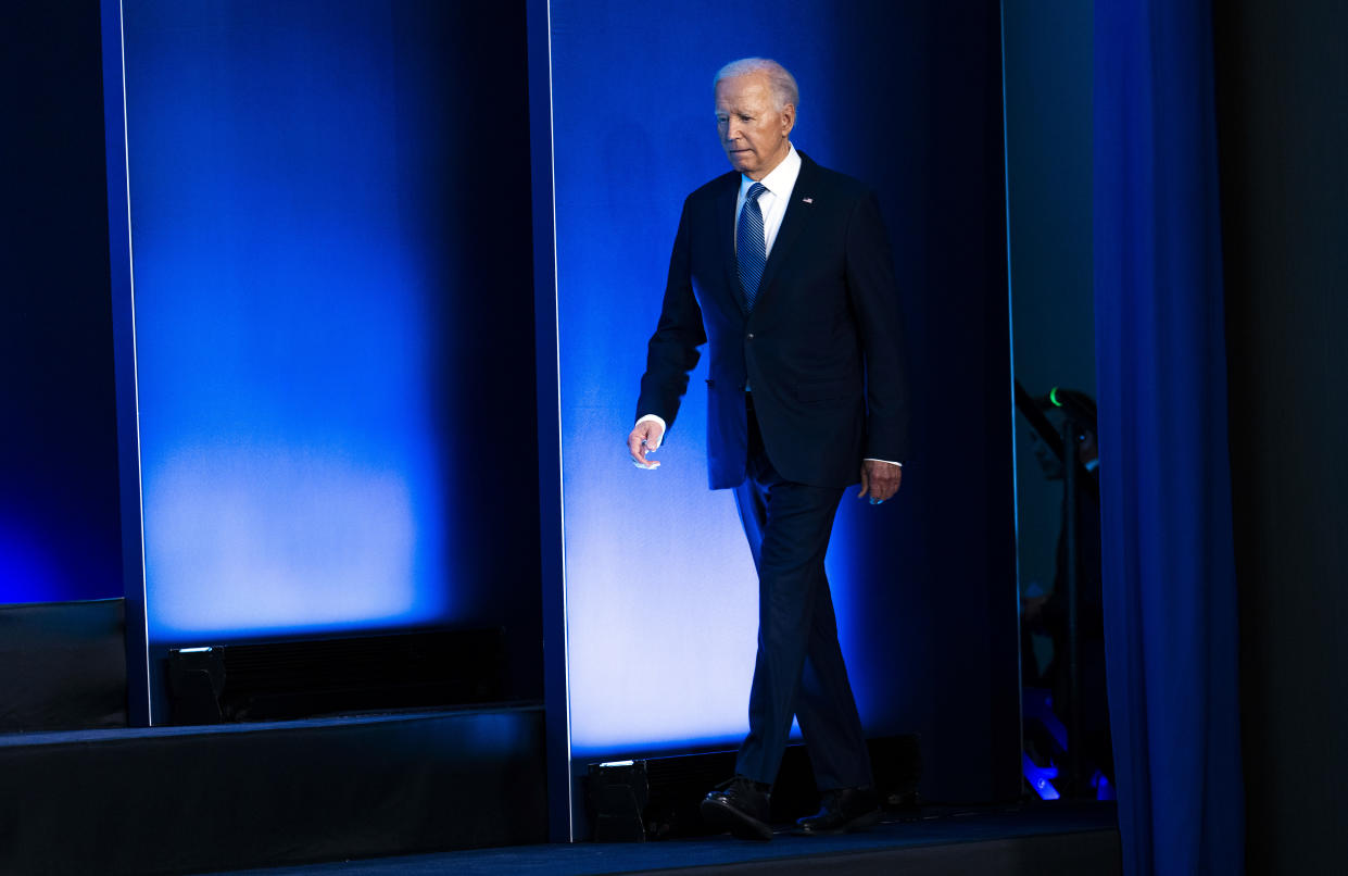 President Joe Biden arrives on stage for a family photo with NATO leaders during the NATO Summit at the Walter E. Washington Convention Center in Washington, Wednesday, July 10, 2024. (Doug Mills/The New York Times)