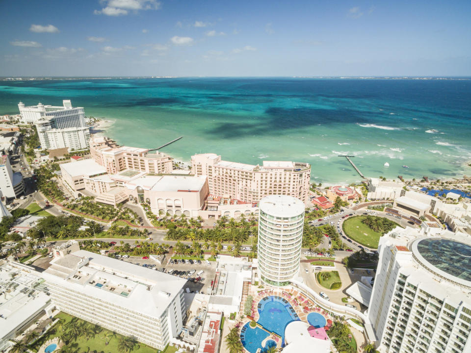 aerial view of hotels near a beach