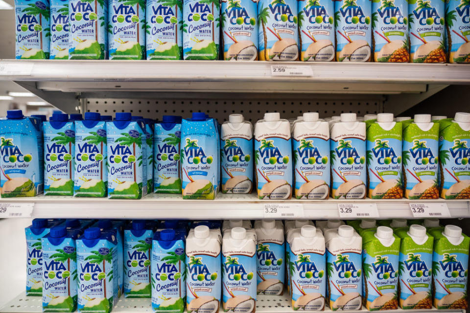 Boxed coconut water on shelves