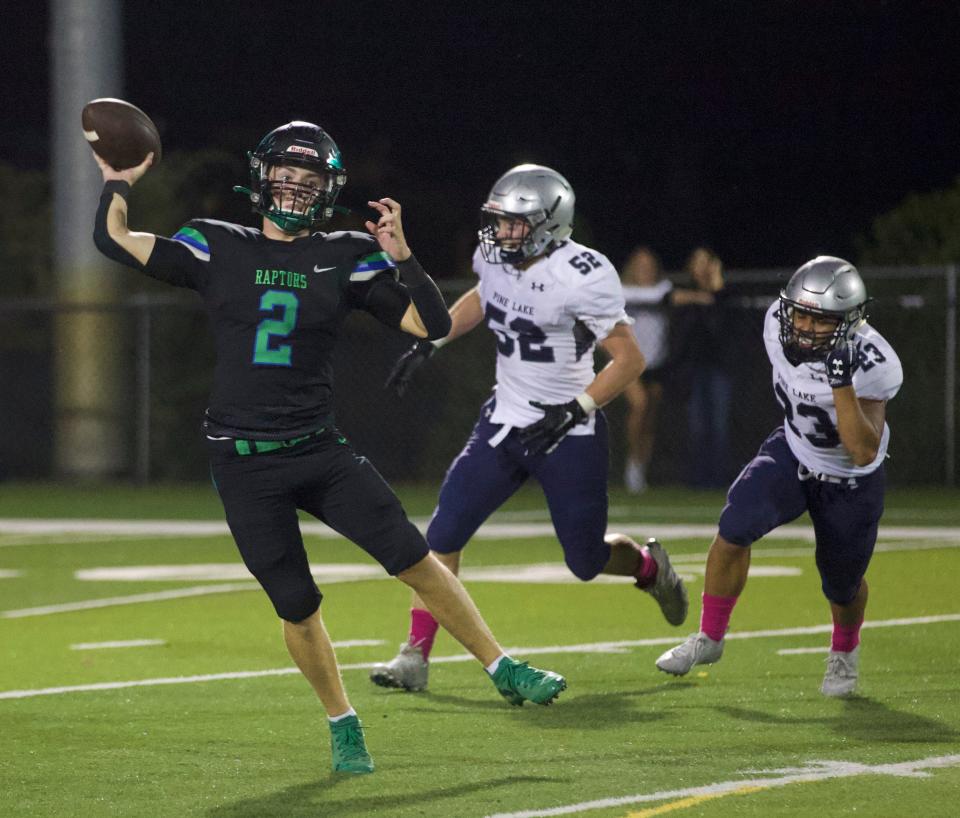 Mountain Island Charter's Dylan Bisson throws a pass during his team's Oct. 5 matchup with Pine Lake Prep.