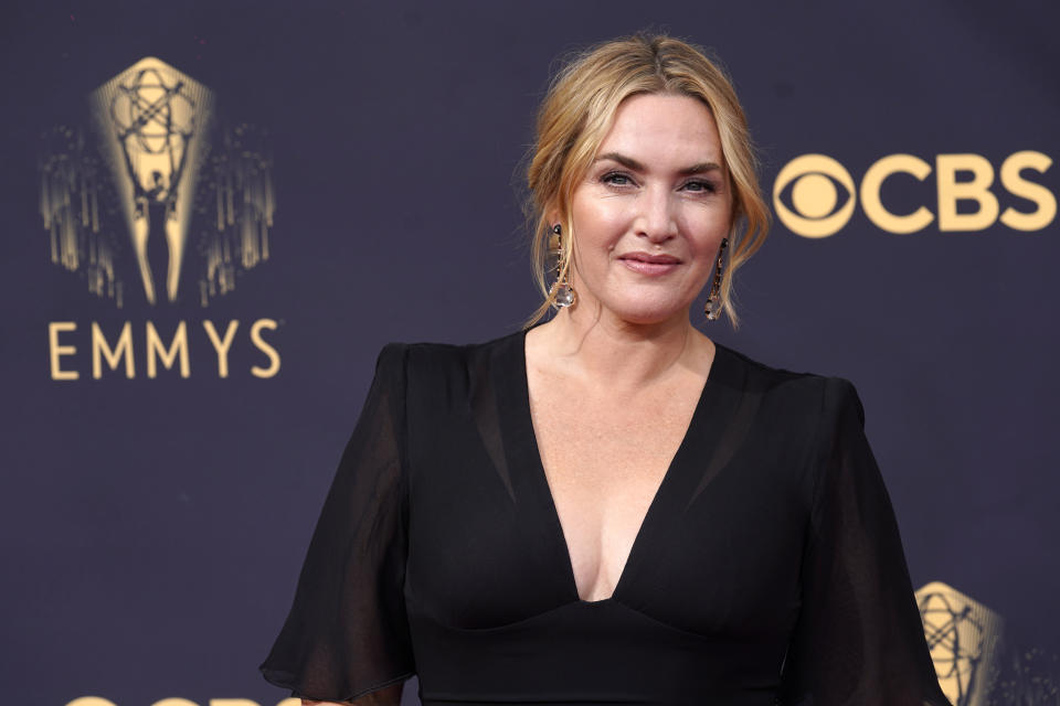 Kate Winslet arrives at the 73rd Primetime Emmy Awards on Sunday, Sept. 19, 2021, at L.A. Live in Los Angeles. (AP Photo/Chris Pizzello)