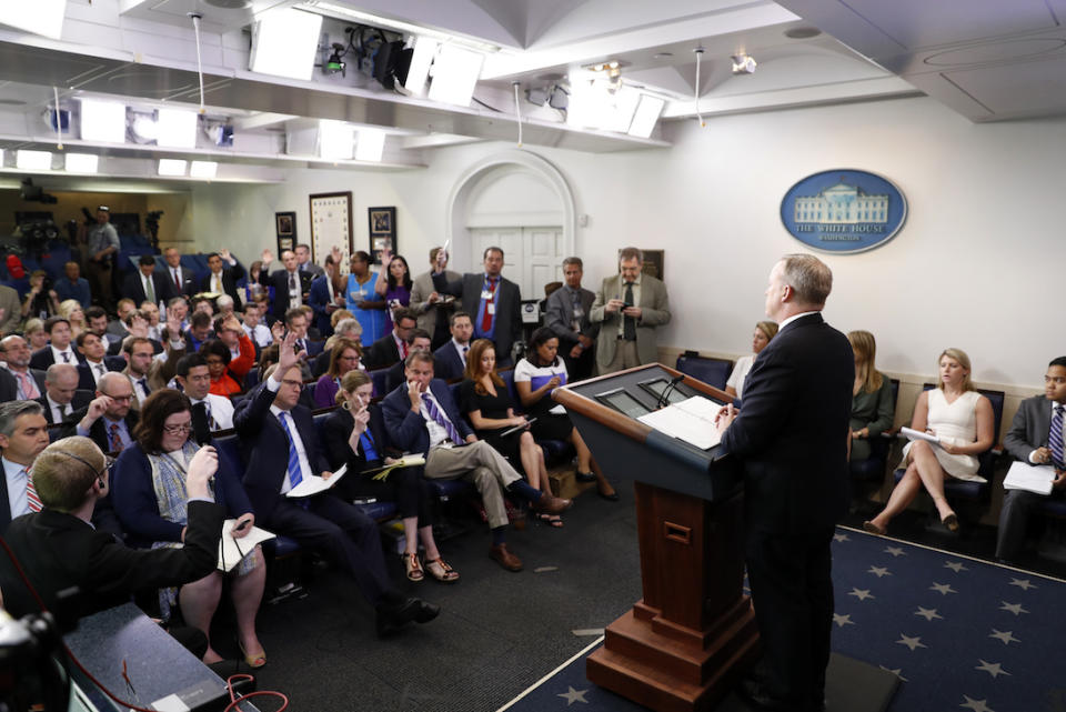 White House press secretary Sean Spicer speaks during a media briefing at the White House. (AP Photo/Alex Brandon)