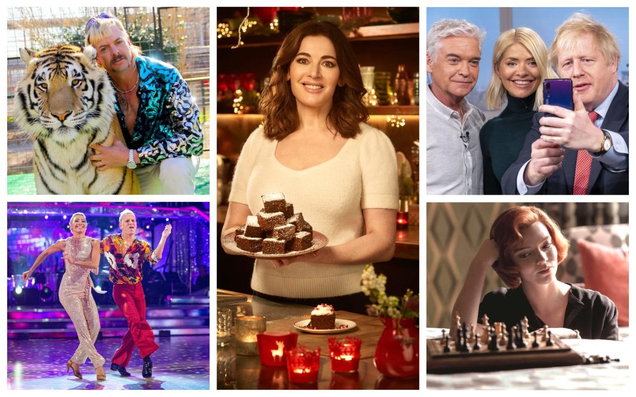 Clockwise from bottom left: Strictly Come Dancing, Tiger King, Nigella Lawson, Philip Schofield and Holly Willoughby with Boris Johnson, The Queen's Gambit  - AFP/Netflix/Ken McKay/ITV/Shutterstock/BBC