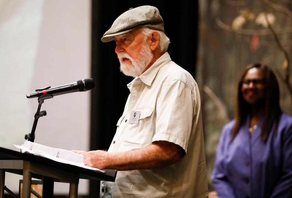 Founding member of the Ozark Mountain Daredevils Larry Lee speaks during an induction ceremony into the SPS Hall of Fame on Thursday, Oct. 5, 2023.