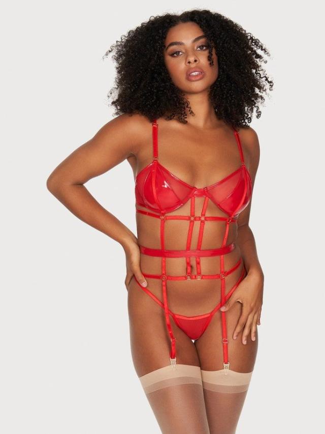 Ann Summers Floral Thrill Red & Nude Bra + Crotchless Thong Medium 12 14  NWT