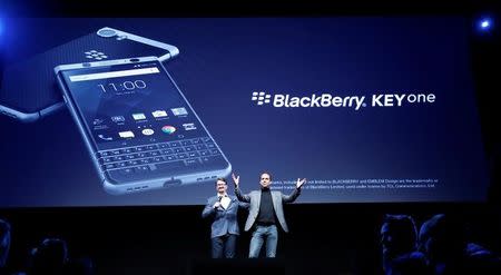 TCL Communication's CEO Nicolas Zibell and Kevin Michaluk present the new BlackBerry Key One before the Mobile World Congress in Barcelona, Spain February 25, 2017. REUTERS/Albert Gea