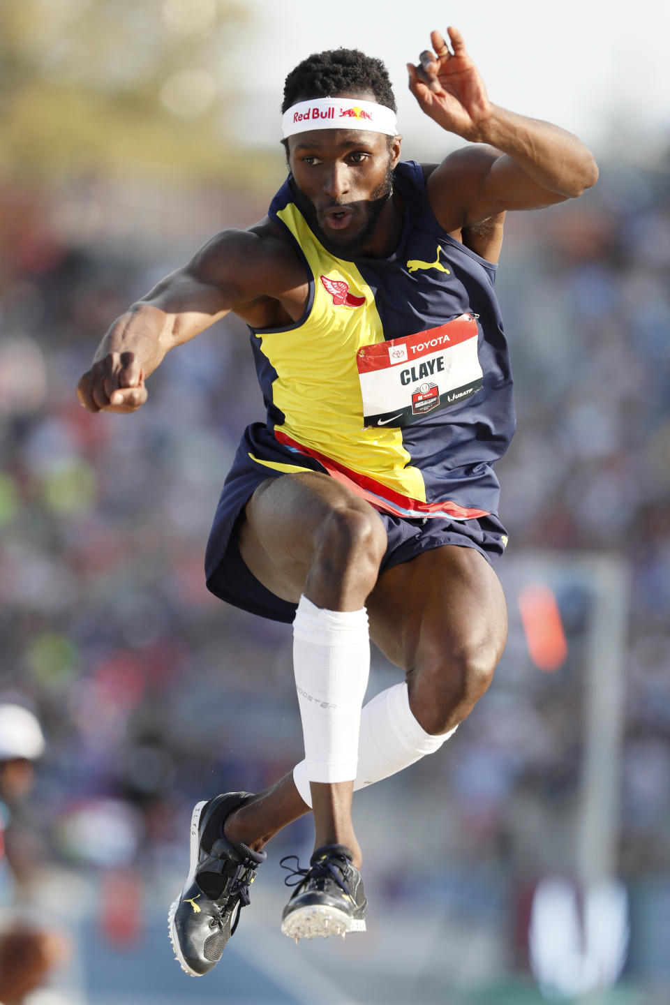 Will Claye leaps to the pit during the men's triple jump at the U.S. Championships athletics meet, Friday, July 26, 2019, in Des Moines, Iowa. (AP Photo/Charlie Neibergall)