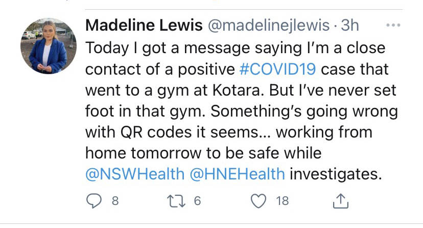 A screenshot of a tweet from an ABC reporter in Newcastle who posted about an incorrect notification form NSW Health. Source: Twitter/madelinejlewis