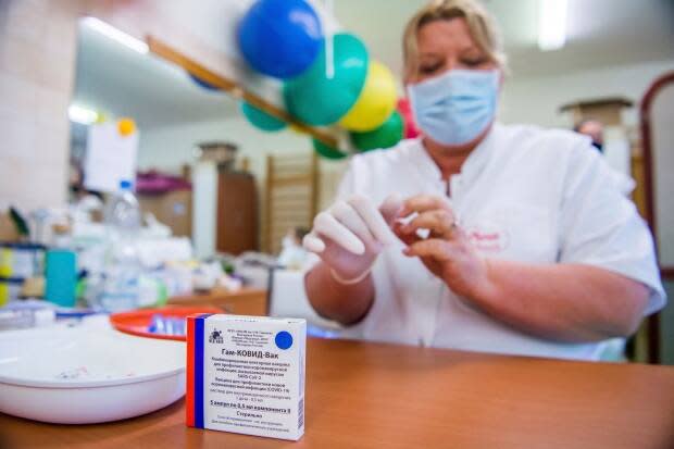 A box of the Russian Sputnik V vaccine is prepared for patients in Saint Margit Hospital in Budapest, Hungary, in April.