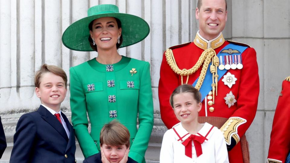 PHOTO: Prince William, Prince of Wales, Prince Louis of Wales, Catherine, Princess of Wales, Princess Charlotte, Prince Louis and Prince George of Wales on the Buckingham Palace balcony during Trooping the Colour, June 17, 2023, in London. (Chris Jackson/Getty Images)