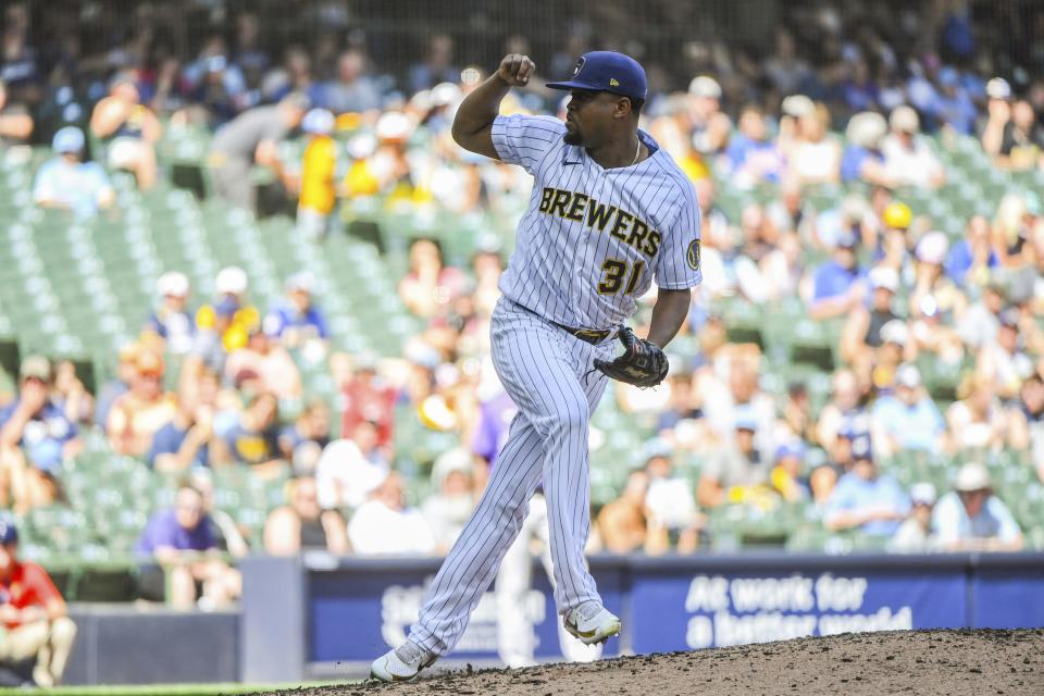 Milwaukee Brewers Jandel Gustave comes in and replaces Eric Lauer during the fifth inning of a baseball game against the Colorado Rockies, Sunday, July 24, 2022, in Milwaukee. (AP Photo/Kenny Yoo)