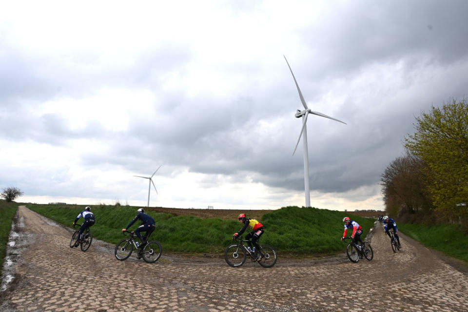 ROUBAIX FRANCE  APRIL 07 LR Yves Lampaert of Belgium Bert Van Lerberghe of Belgium Tim Merlier of Belgium and Florian Snchal of France and Team Soudal QuickStep during the ParisRoubaix 2023 Training Day 2  UCIWT  on April 07 2023 in Roubaix France Photo by Tim de WaeleGetty Images