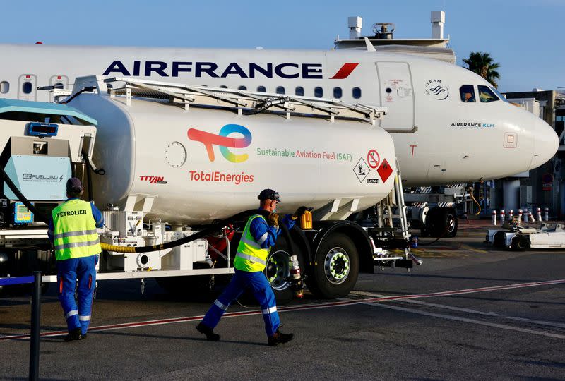 FILE PHOTO: Air France aircraft, operated with SAF is refueled at Nice airport