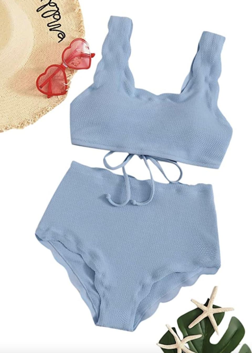 <p>This <span>SweatyRocks High-Waist Scalloped Bikini</span> ($16-$30) has a charming silhouette and playful color palette you'll be sure to love. It comes in lots of colors, both vibrant and neutrals. Plus, it has a more full coverage bottom that's great for beach days.</p>