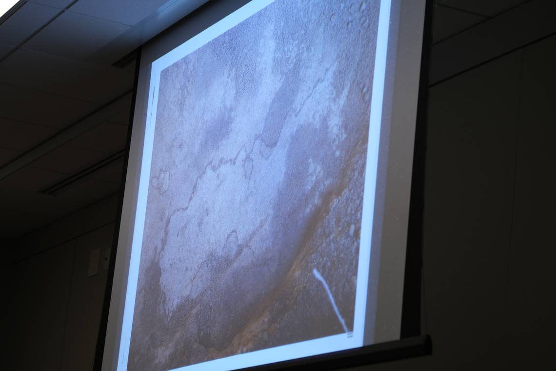 A photo of the stain found underneath Ruben Flores’ house is shown to jurors hearing the Kristin Smart murder trial at Monterey County Superior Court on Sept. 1, 2022.