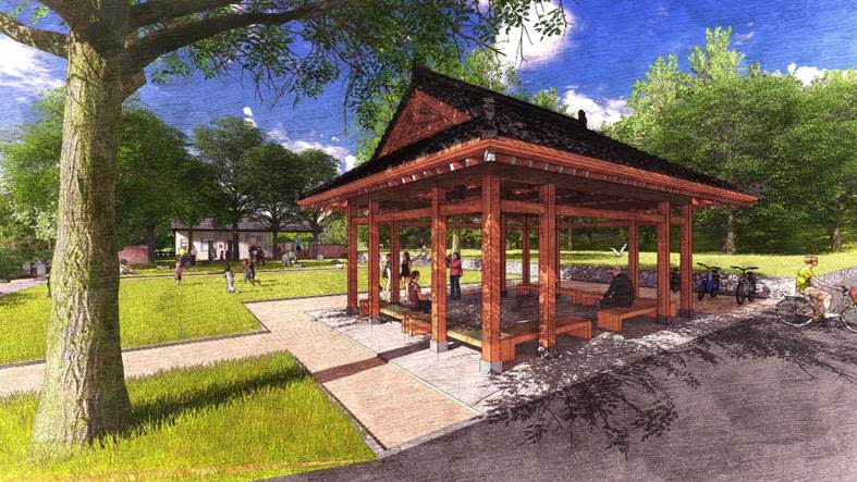 新化神社遺構將展開歷史建築本體修復工程，此為休憩所修復模擬圖。（觀光旅遊局提供）