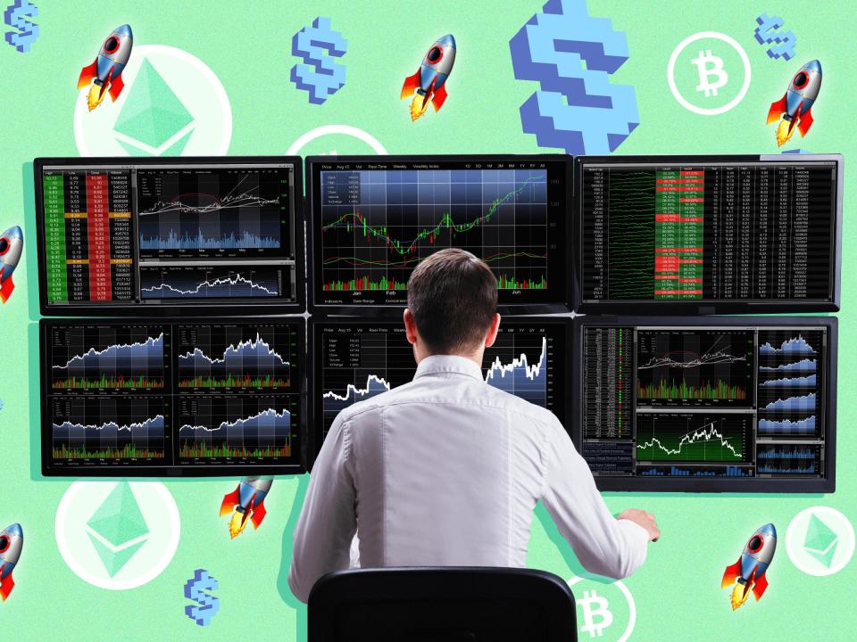 Man looking at stocks on multiple computer screens against a green background with pixelated dollar signs, Bitcoin and Ethereum tokens and rocket ship emojis