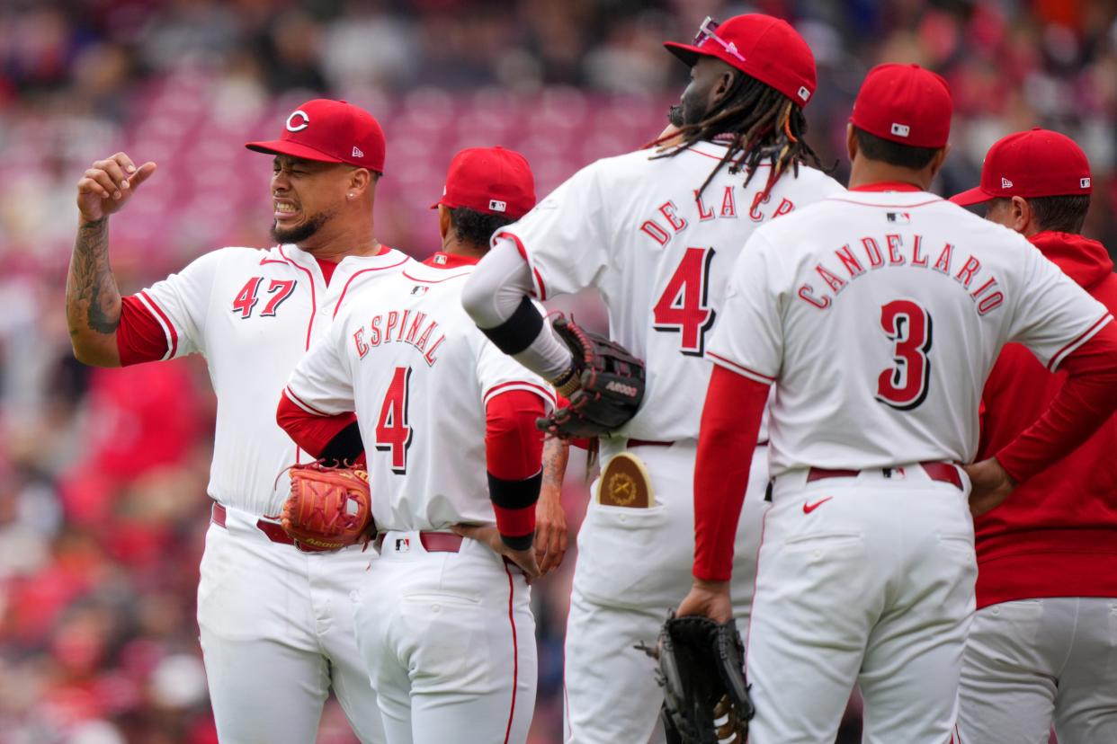 Frankie Montas (47) reacts after being a hit by a ball off the bat of Angels outfielder Taylor Ward in the first inning. X-Rays were negative, but Montas is expected to miss at least his next start.