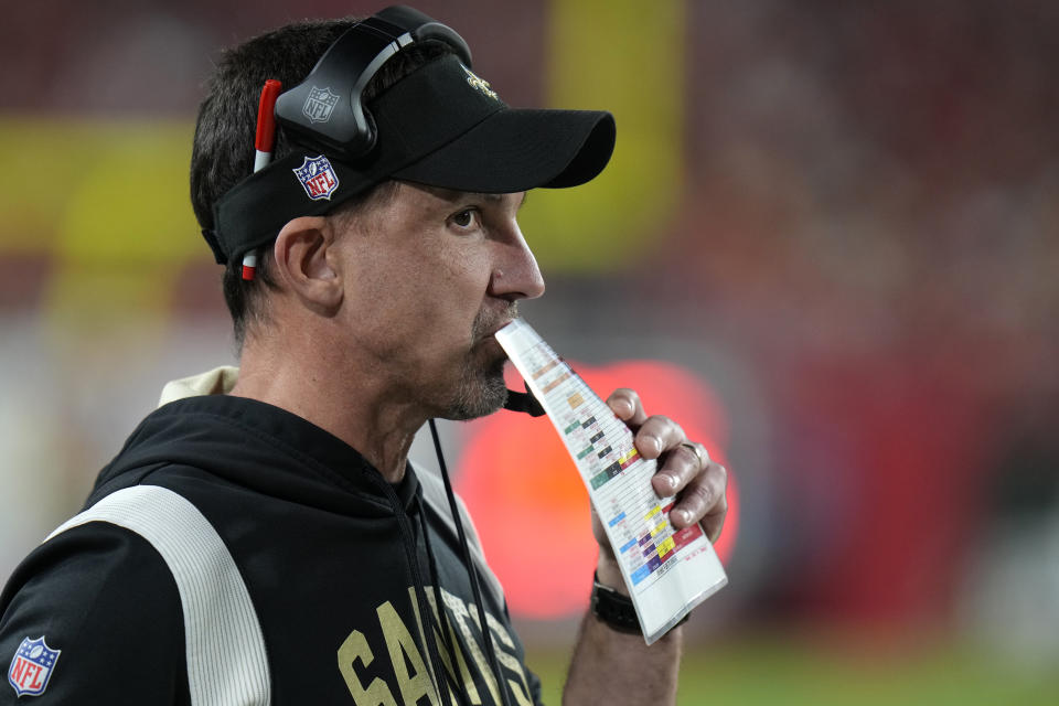 New Orleans Saints head coach Dennis Allen watches from the sideline in the first half of an NFL football game against the Tampa Bay Buccaneers in Tampa, Fla., Monday, Dec. 5, 2022. (AP Photo/Chris O'Meara)