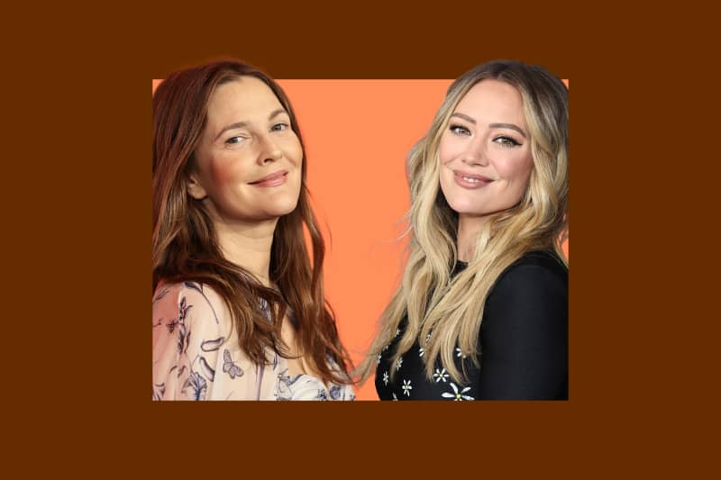 Drew Barrymore and Hilary Diff on a colored background