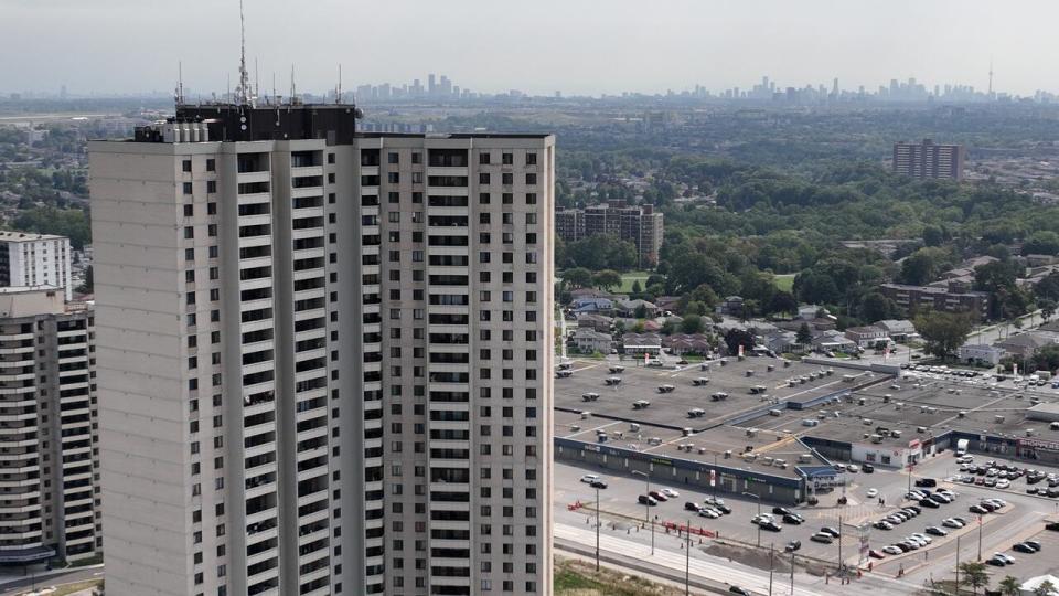 An apartment within the Jane and Finch neighbourhood is pictured on Sept. 16, 2022. A lack of public green space and tree canopy in communities in Toronto's northwest can worsen air quality, experts say. 