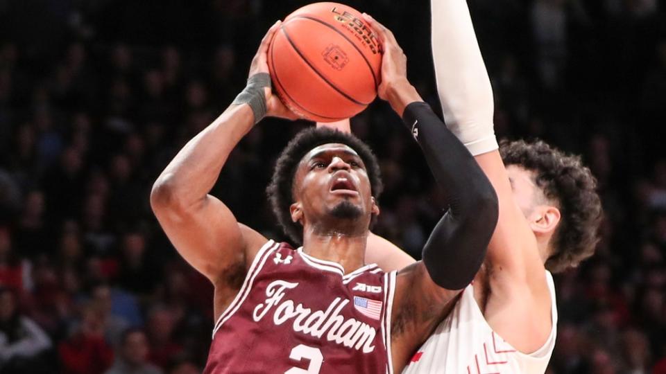 Mar 11, 2023; Brooklyn, NY, USA; Fordham Rams forward Khalid Moore (2) looks to post up against Dayton Flyers forward Mustapha Amzil (22) in the second half at Barclays Center.