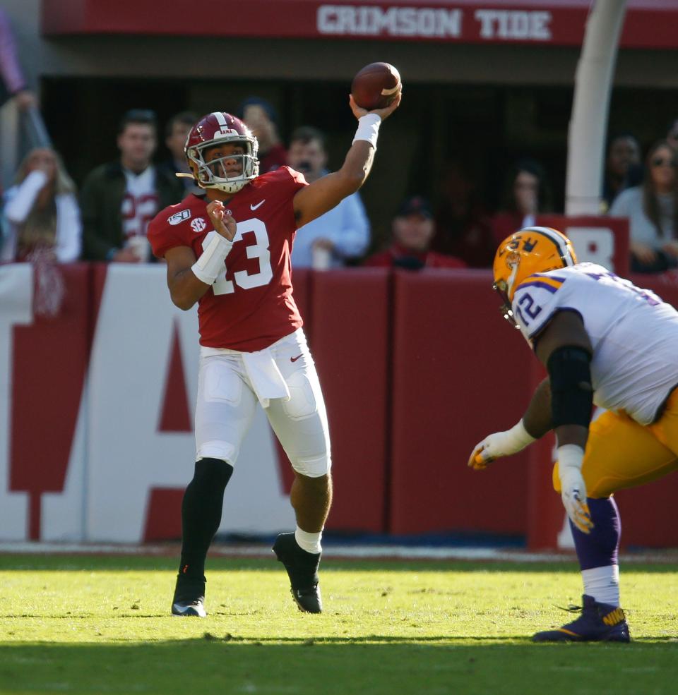 Alabama quarterback Tua Tagovailoa (13) throws during the first half of Alabama's game with LSU Saturday, Nov. 9, 2019. [Staff Photo/Gary Cosby Jr.]