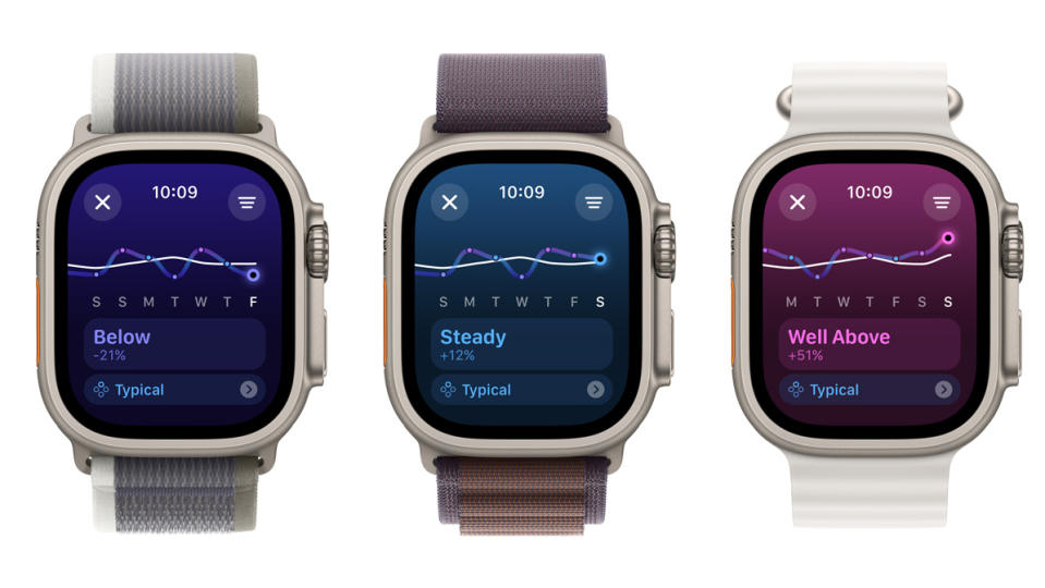 Tres Apple Watch con la aplicación Vitals en sus pantallas, que muestran cambios en el sueño.