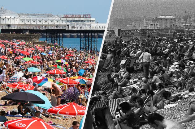 Brighton beach during the heat waves of 2022 and 1976. (Photo: SOPA Images via Getty Images/PA Images via Getty Images)