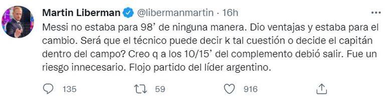 El duro tuit de Martín Liberman sobre el partido de Messi ante Brasil