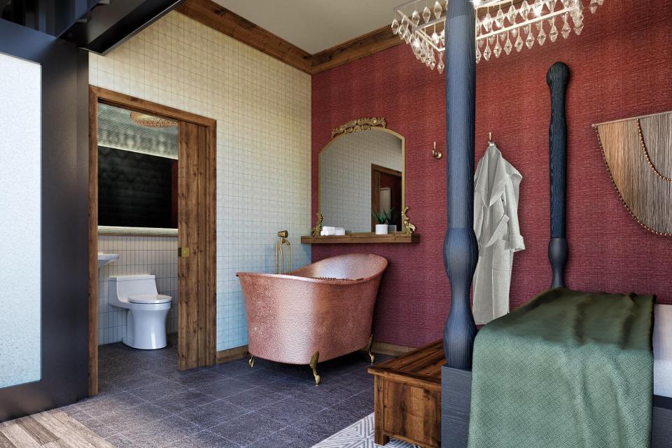 A guestroom bathroom inside of the Tiny Urban Escapes