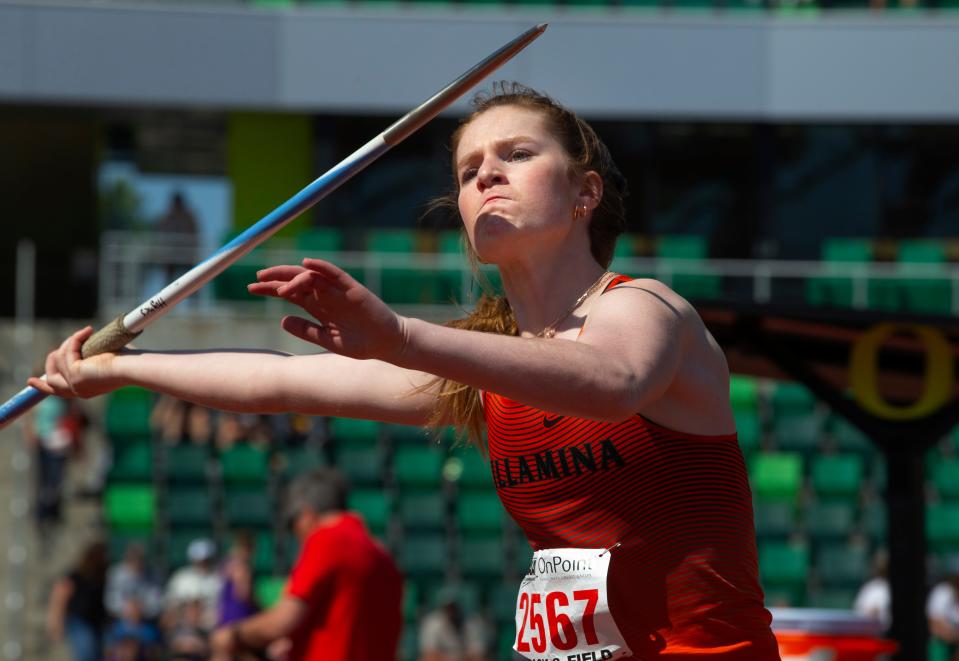Willamina's Hallee Hughes set a new state record in the 2A girls javelin at the OSAA state track and field championships at Hayward Field in Eugene Thursday, May 25, 2023.