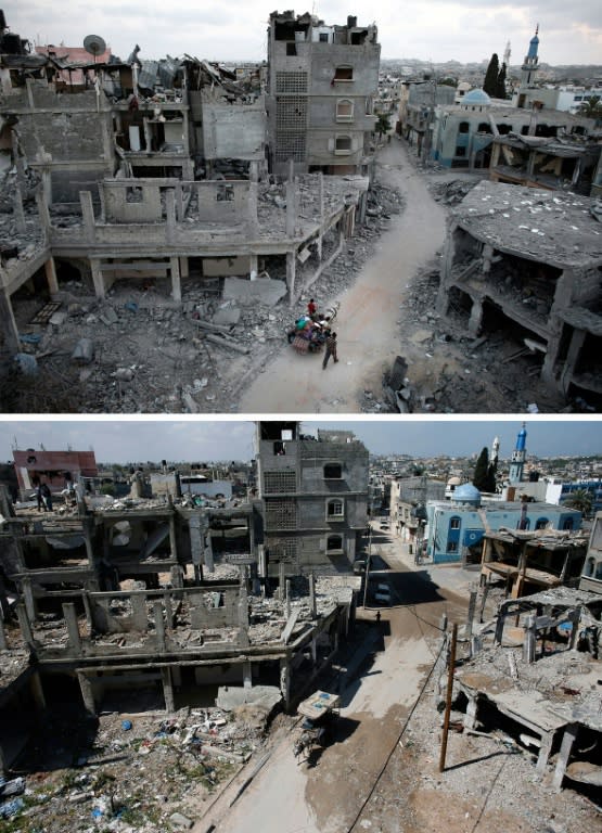 (Top) Palestinians fleeing their destroyed neighbourhood on a donkey cart in the northern Gaza Strip city of Beit Hanun on August 18, 2014, and the same place on April 14, 2015