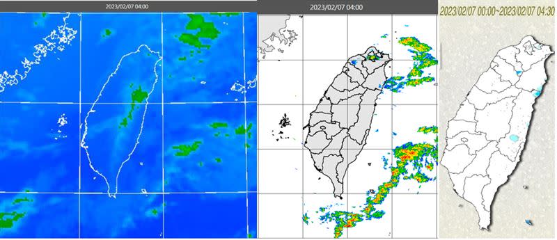 圖：7日4時紅外線色調強化雲圖顯示，仍有鬆散雲系通過(左圖)；4時雷達回波合成圖顯示，伴隨弱降水回波(中圖)；4：30累積雨量圖顯示，北部、東半部及中部山區有零星降雨(右圖)。