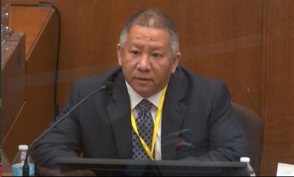 In this image from video, Minneapolis Police Crisis Intervention Coordinator Ker Yang testifies as Hennepin County Judge Peter Cahill presides Tuesday, April 6, 2021.