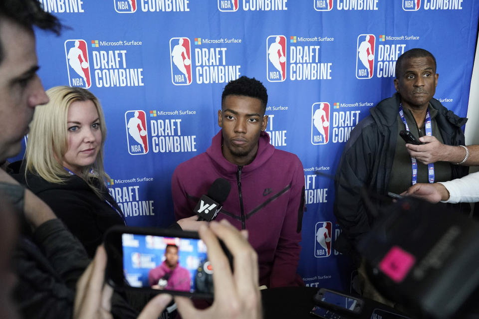 Brandon Miller listens to a question from the media during the 2023 NBA basketball Draft Combine in Chicago, Wednesday, May 17, 2023. (AP Photo/Nam Y. Huh)